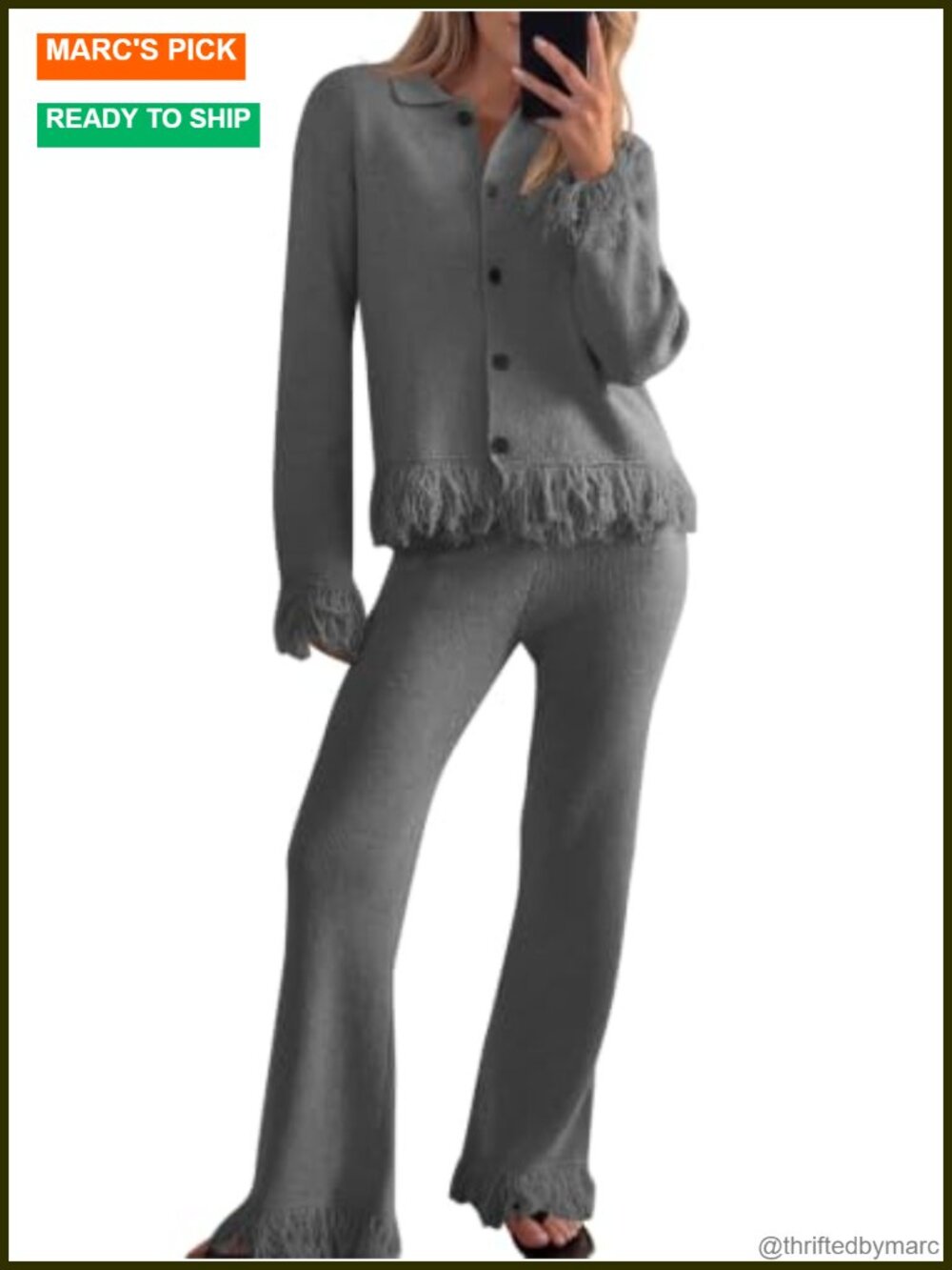 Fringe Button Up Knit Sweater & Flare Pants 2 Piece Vacation Set